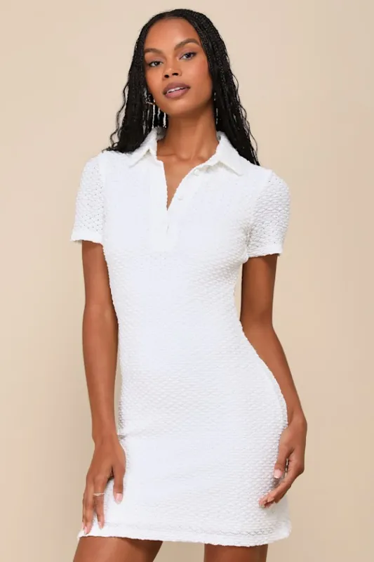 Absolute Sweetie White Textured Collared Short Sleeve Mini Dress sold by Lulus