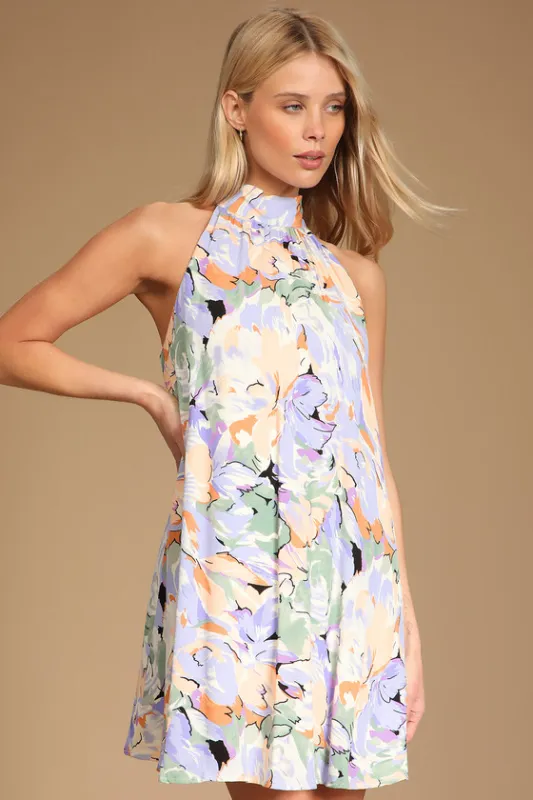 Tied Back To You Lavender Multi Floral Print Mini Shift Dress sold by Lulus