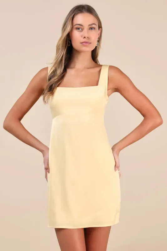 Truly the Cutest Light Yellow Satin Square Neck Mini Dress sold by Lulus