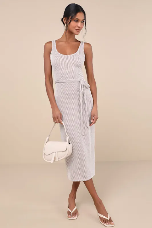 Summer Perfection Taupe and Ivory Striped Ribbed Midi Dress sold by Lulus