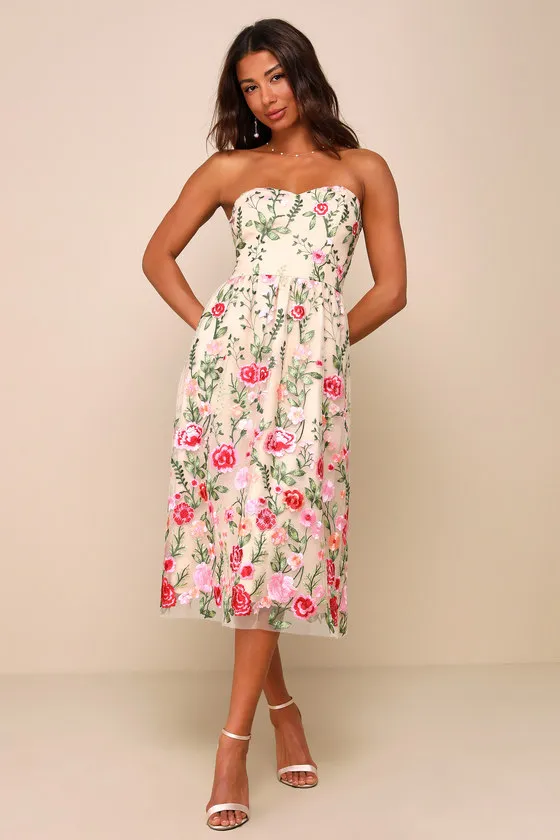 Endless Praise Beige Floral Embroidered Strapless Midi Dress sold by Lulus