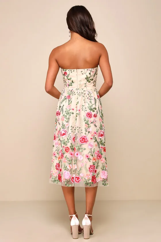 Endless Praise Beige Floral Embroidered Strapless Midi Dress sold by Lulus product image thumbnail 2