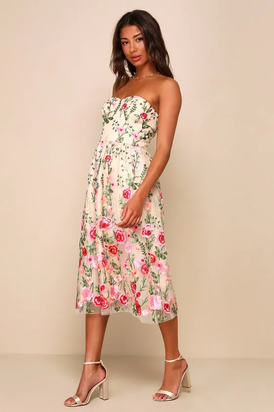 Endless Praise Beige Floral Embroidered Strapless Midi Dress sold by Lulus product image thumbnail 4
