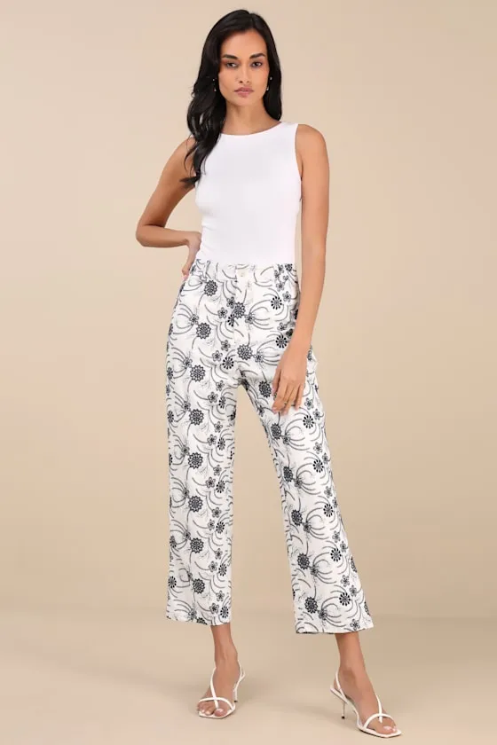 Auroria White Embroidered High-Rise Cropped Pants sold by Lulus