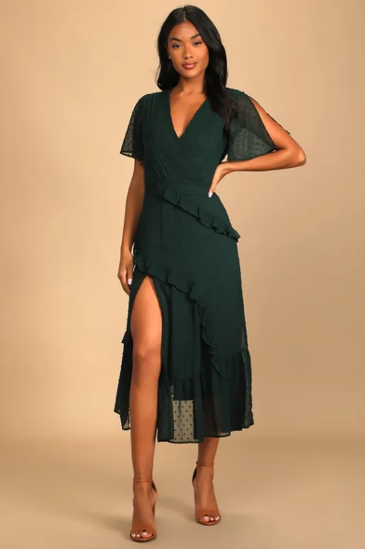 Next to You Emerald Green Swiss Dot Ruffled Midi Dress sold by Lulus