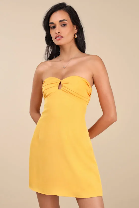 Gillian Yellow Pleated Strapless Mini Dress sold by Lulus