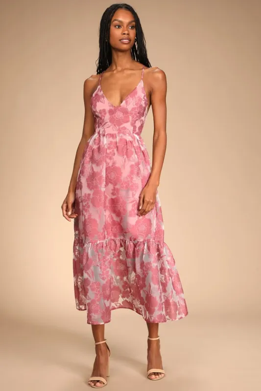 Feeling Like Forever Rose Jacquard Organza Lace-Up Midi Dress sold by Lulus