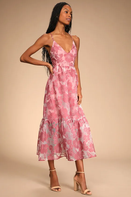 Feeling Like Forever Rose Jacquard Organza Lace-Up Midi Dress sold by Lulus product image thumbnail 4