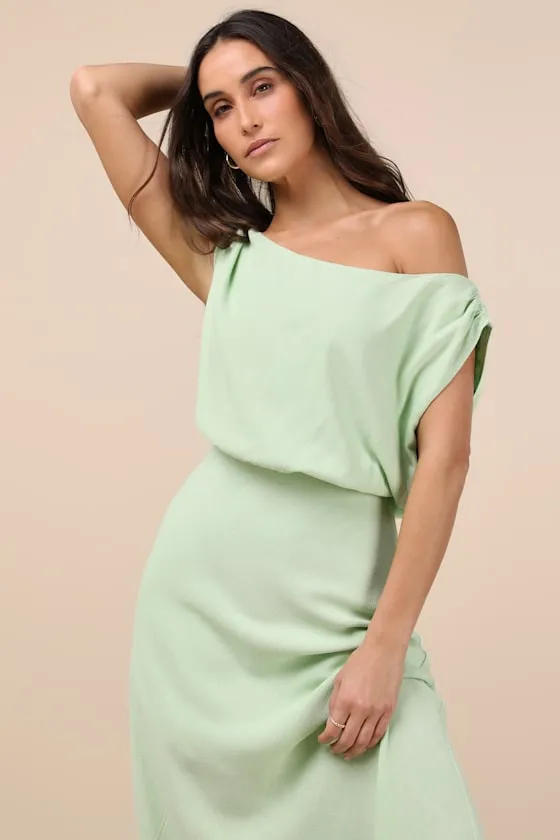 Casual Enchantment Mint Green Linen Off-the-Shoulder Midi Dress sold by Lulus