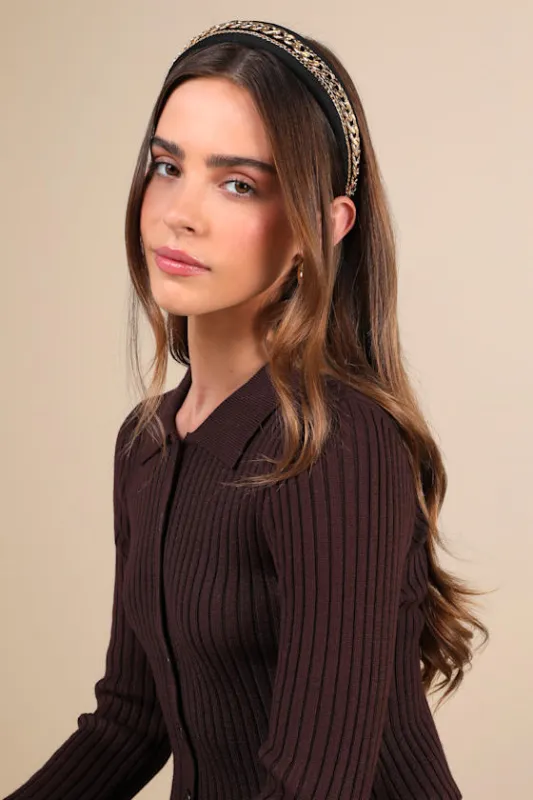 Upscale Element Black and Gold Chain Headband sold by Lulus