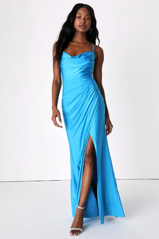 Attention Seeker Bright Blue Cowl Neck Maxi Dress sold by Lulus