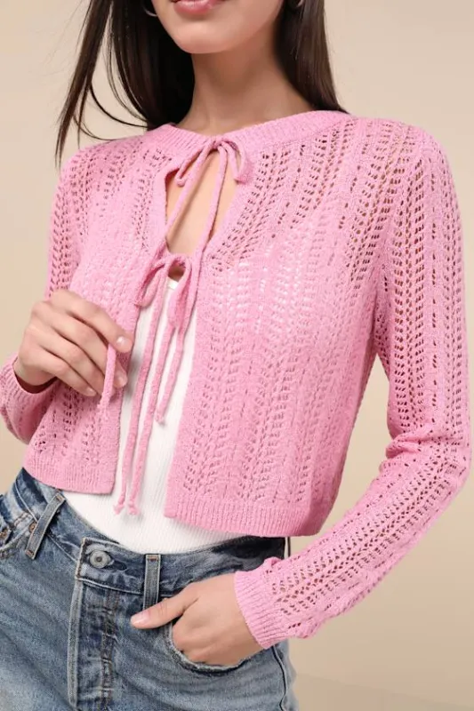 Alwilda Pink Pointelle Knit Tie-Front Cardigan Sweater Top sold by Lulus