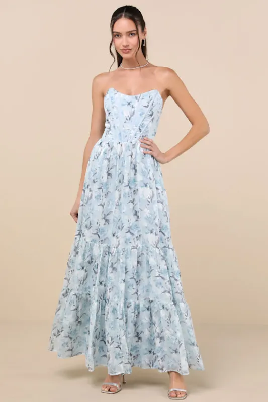 Special Moment Light Blue Floral Strapless Bustier Maxi Dress sold by Lulus