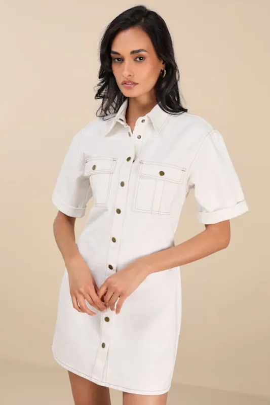 Renske White Denim Button-Front Mini Dress sold by Lulus