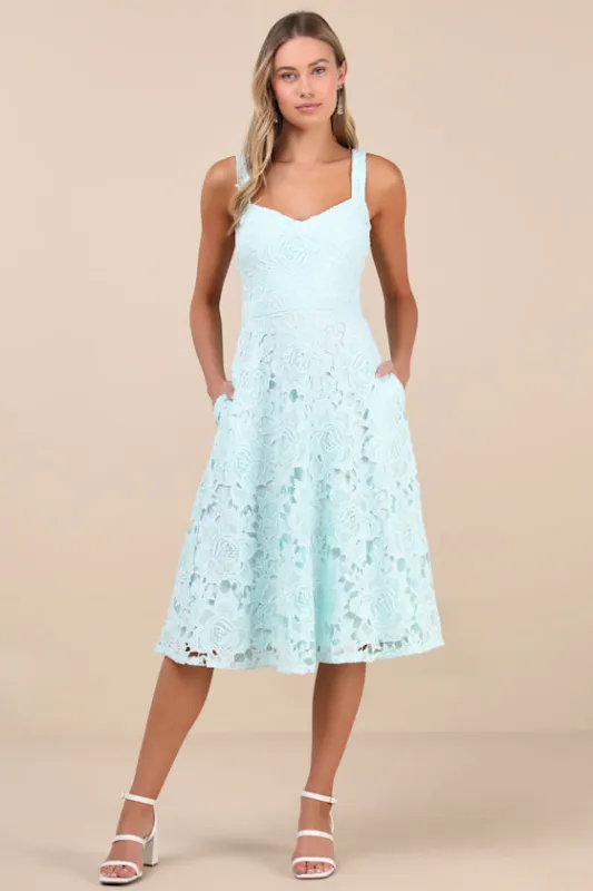 Divine Beauty Mint Blue Lace Midi Dress With Pockets sold by Lulus