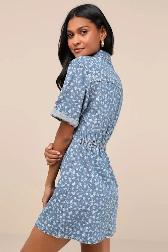 Renske Light Wash Denim Floral Button-Front Mini Dress sold by Lulus product image thumbnail 2