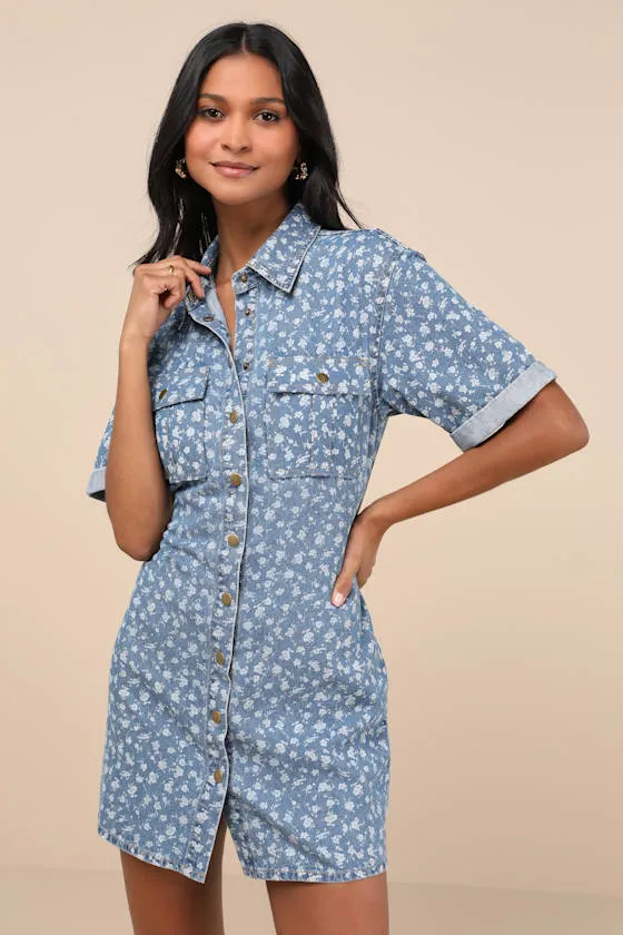 Renske Light Wash Denim Floral Button-Front Mini Dress sold by Lulus product image thumbnail 3