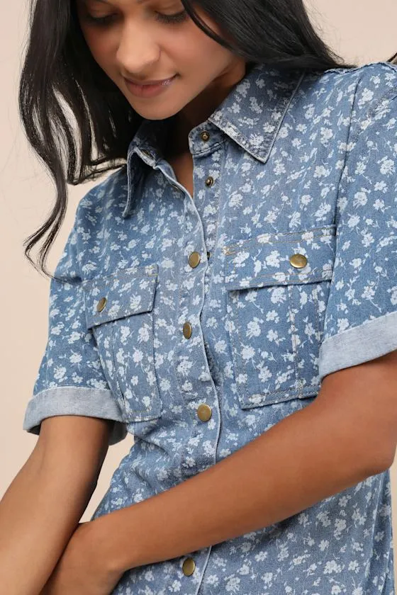 Renske Light Wash Denim Floral Button-Front Mini Dress sold by Lulus product image thumbnail 4