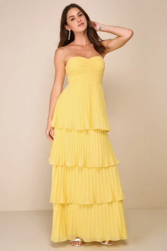 Seriously Sensational Yellow Strapless Tiered Maxi Dress sold by Lulus