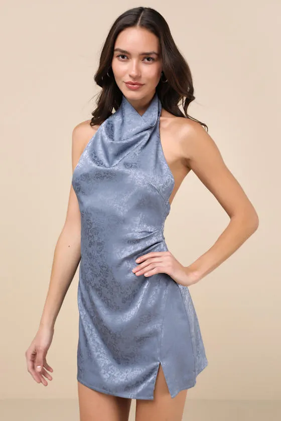 Simply a Stunner Slate Blue Cowl Backless Mini Dress sold by Lulus