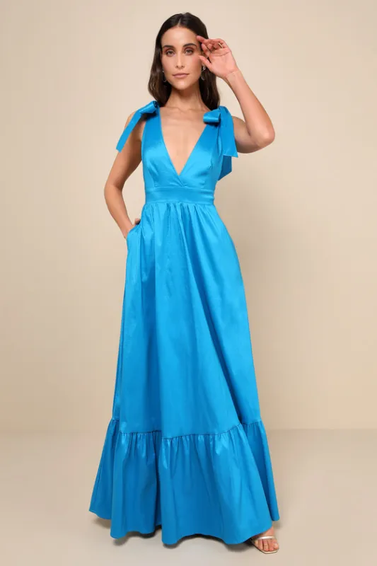 Rare Charm Teal Blue Taffeta Tie-Strap Maxi Dress With Pockets sold by Lulus