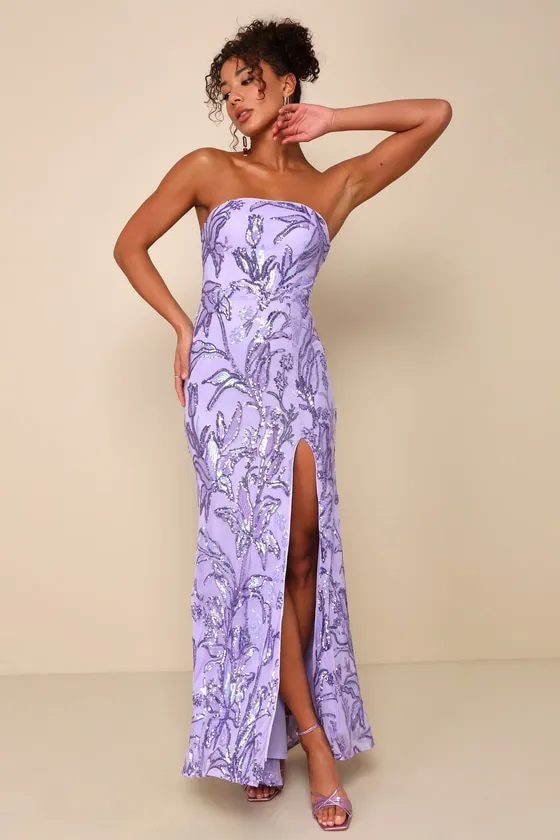 Shimmering Icon Lavender Sequin Lace-Up Strapless Maxi Dress sold by Lulus