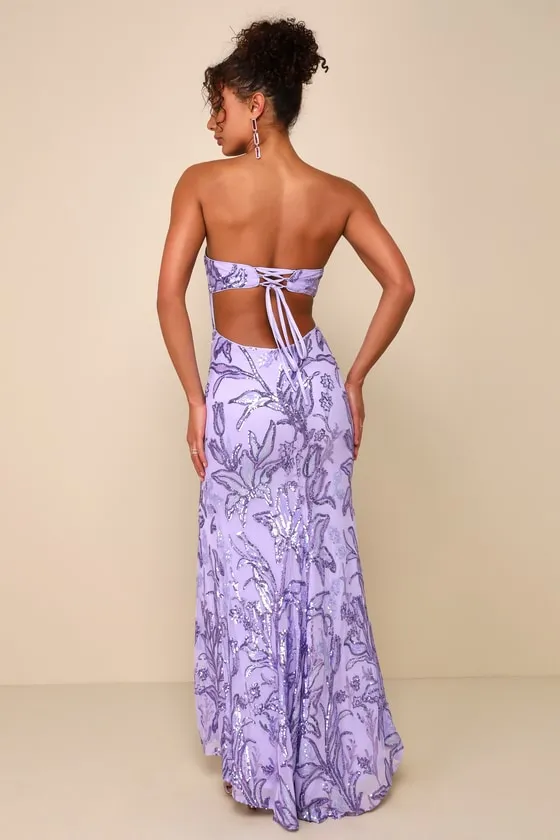 Shimmering Icon Lavender Sequin Lace-Up Strapless Maxi Dress sold by Lulus product image thumbnail 2
