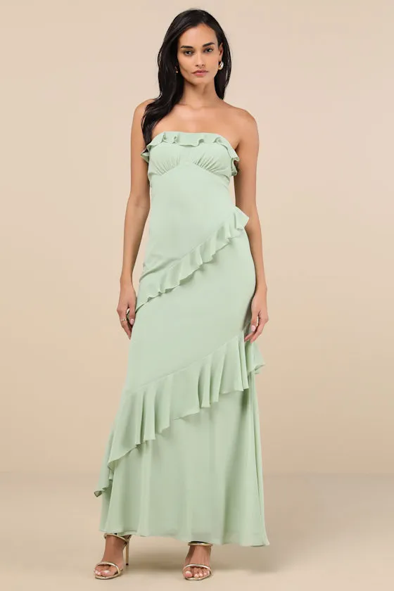 Dramatic Allure Sage Green Ruffled Cutout Strapless Maxi Dress sold by Lulus