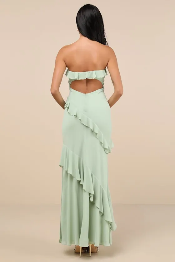 Dramatic Allure Sage Green Ruffled Cutout Strapless Maxi Dress sold by Lulus product image thumbnail 2