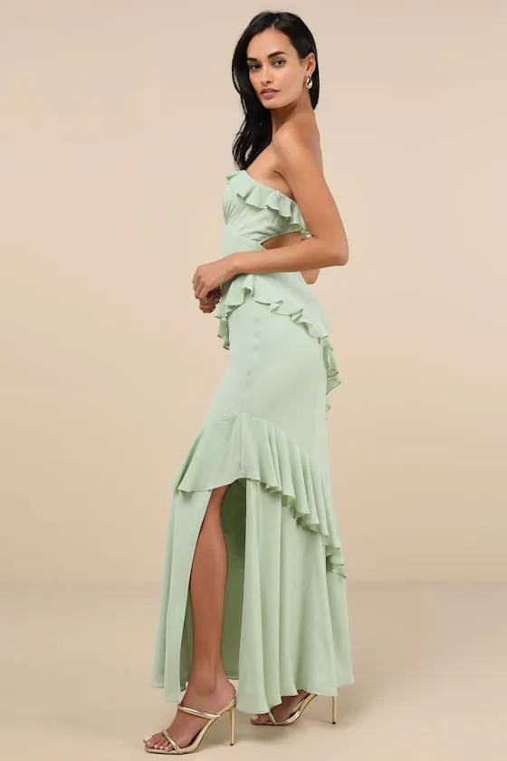Dramatic Allure Sage Green Ruffled Cutout Strapless Maxi Dress sold by Lulus product image thumbnail 3
