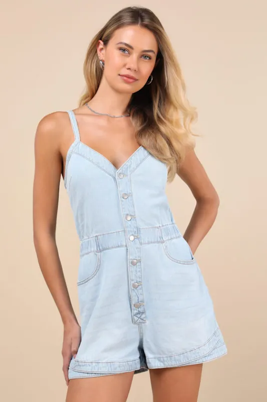 Naia Light Wash Denim Button-Front Romper made by Roxy