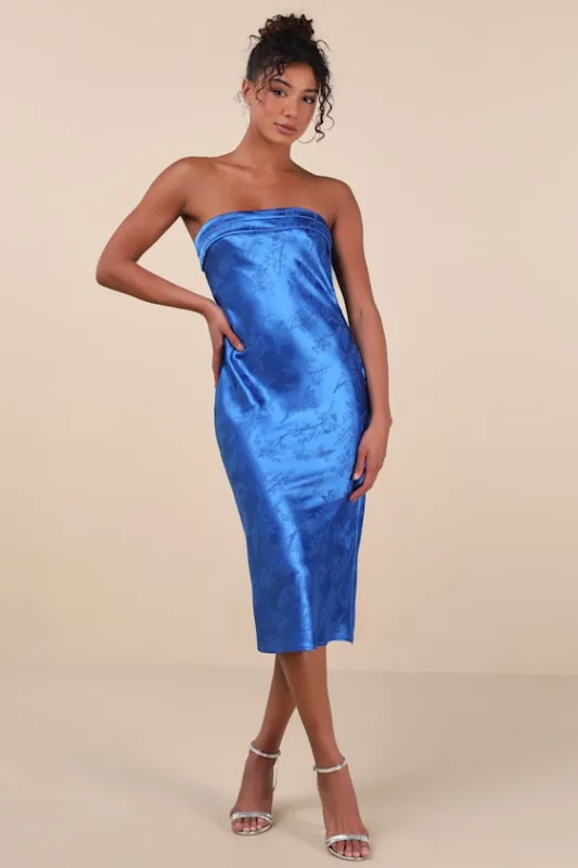 Impressive Favorite Blue Jacquard Strapless Midi Dress sold by Lulus