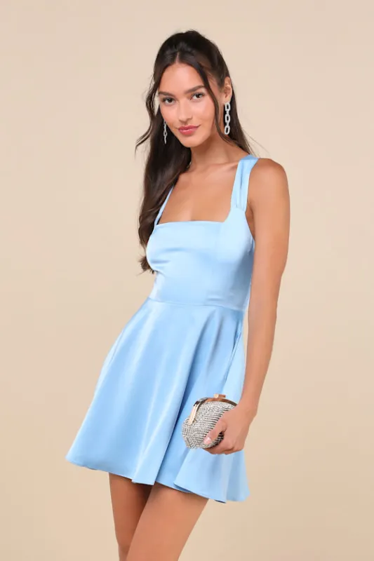 Admirably Chic Light Blue Satin Lace-Up Mini Dress with Pockets sold by Lulus