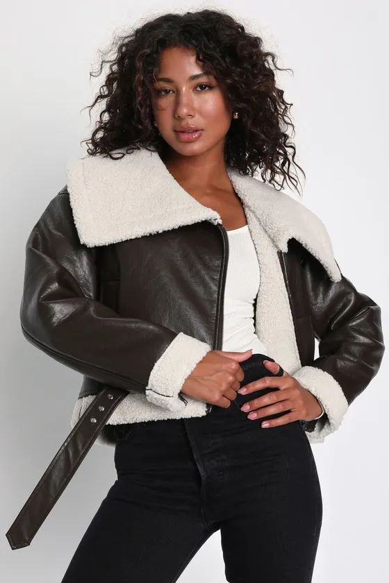 Mountain Days Brown Shearling Moto Jacket sold by Lulus product image thumbnail 2