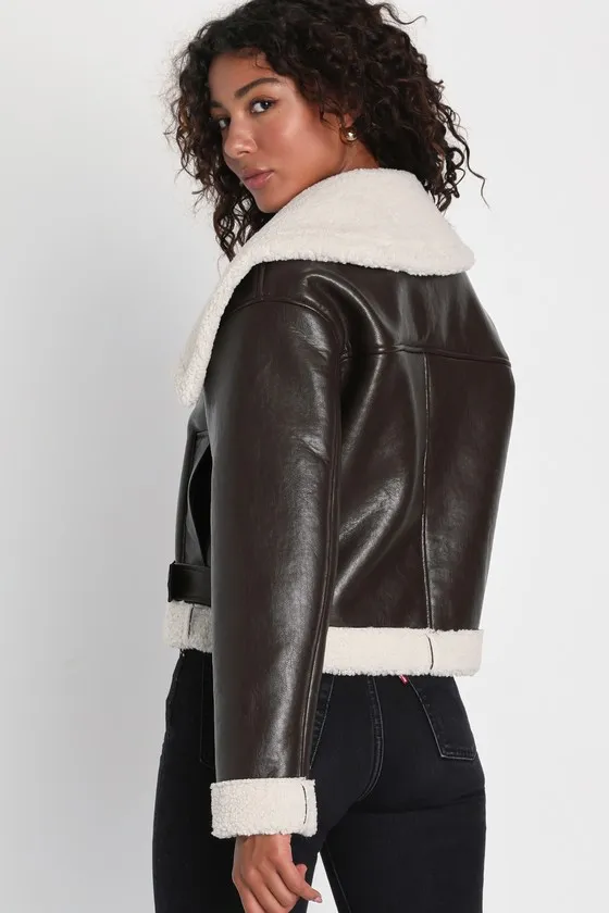 Mountain Days Brown Shearling Moto Jacket sold by Lulus product image thumbnail 3