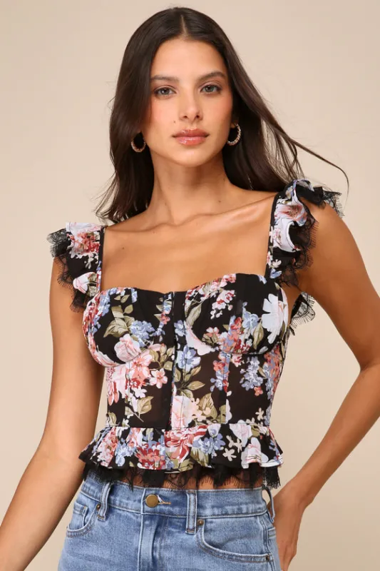 Charmingly Sweet Black Floral Print Lace Bustier Top sold by Lulus