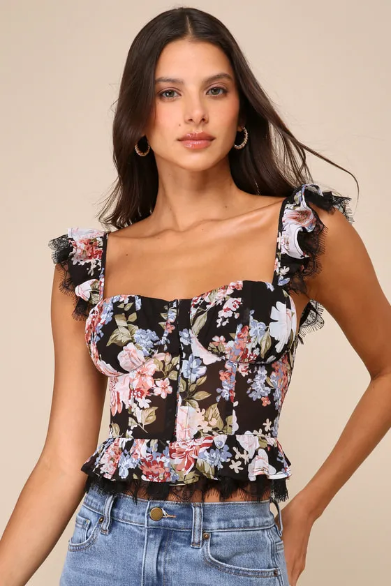 Charmingly Sweet Black Floral Print Lace Bustier Top sold by Lulus