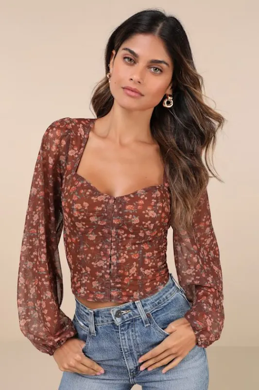Feeling So Cute Brown Floral Mesh Balloon Sleeve Crop Top sold by Lulus