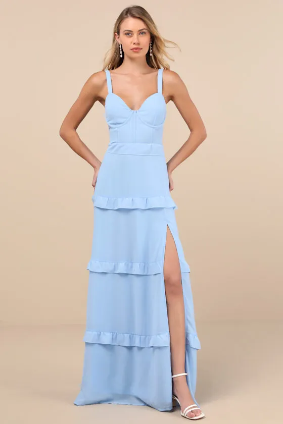 Sincerely Poised Light Blue Backless Bustier Tiered Maxi Dress sold by Lulus