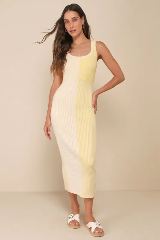 Radiant Personality Yellow Color Block Ribbed Knit Midi Dress sold by Lulus