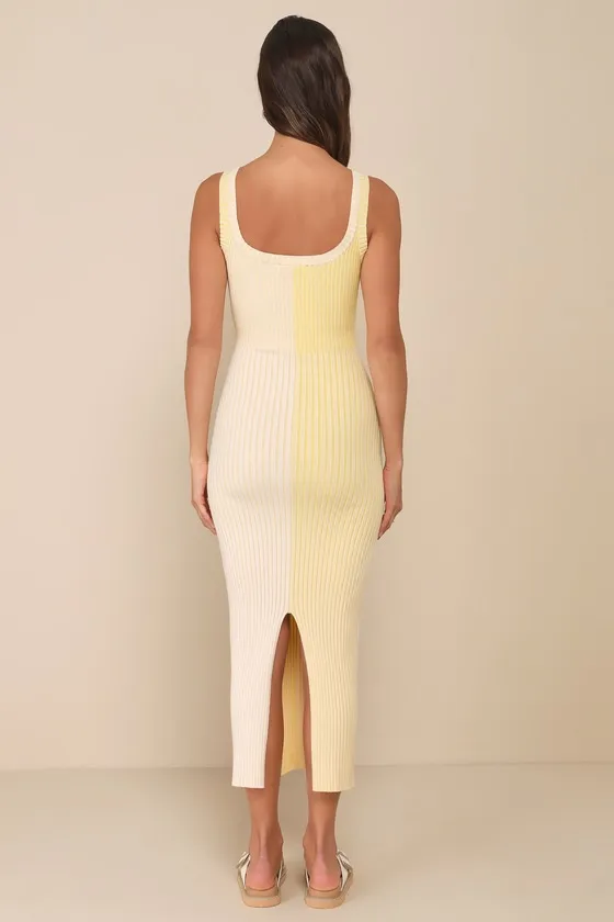 Radiant Personality Yellow Color Block Ribbed Knit Midi Dress sold by Lulus product image thumbnail 3