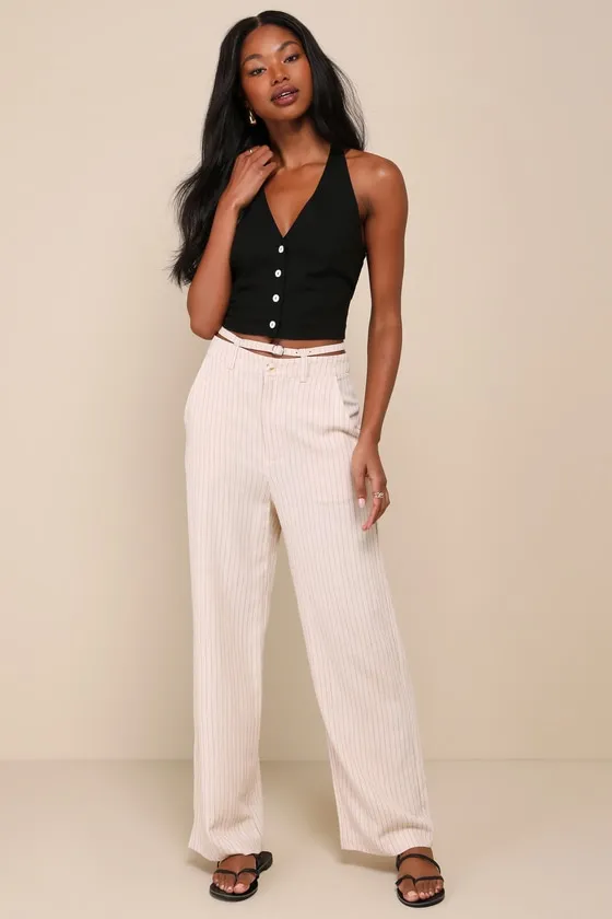 Effortless Time Beige Striped Linen High-Rise Wide-Leg Pants sold by Lulus