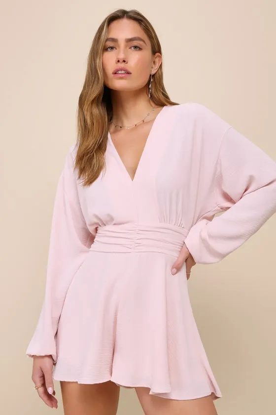 Sweetly Effortless Blush Pink Long Sleeve V-Neck Romper sold by Lulus