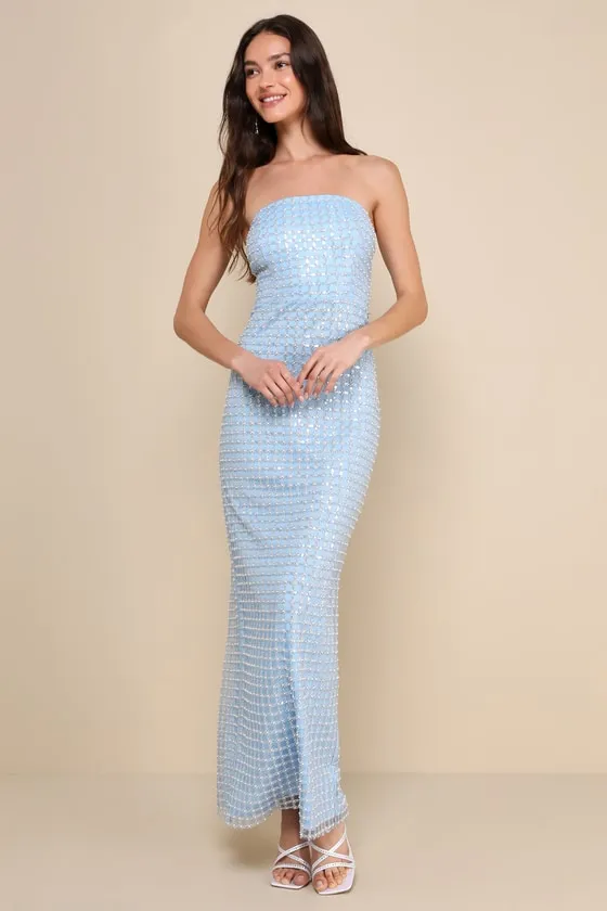 Perfectly Luxurious Light Blue Pearl Strapless Maxi Dress sold by Lulus