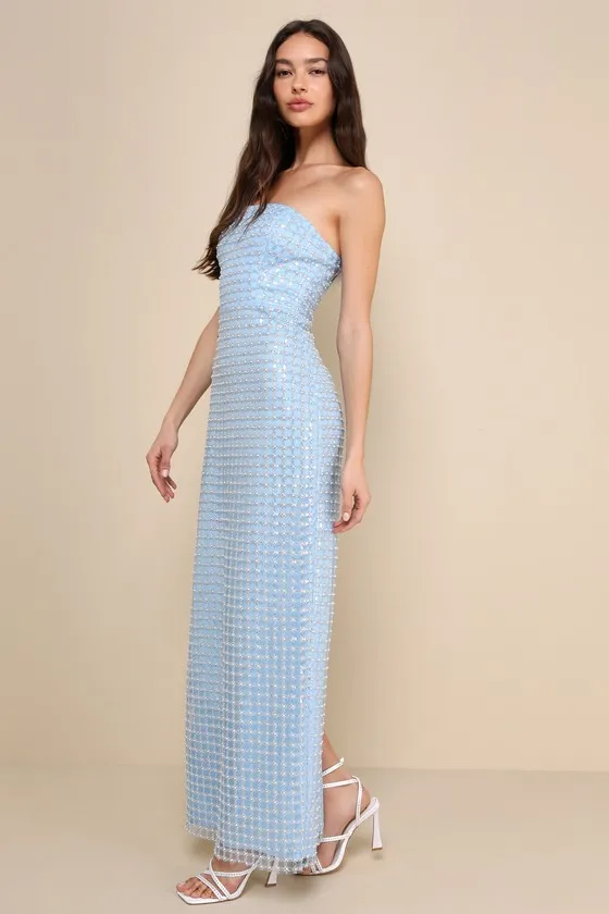 Perfectly Luxurious Light Blue Pearl Strapless Maxi Dress sold by Lulus product image thumbnail 4