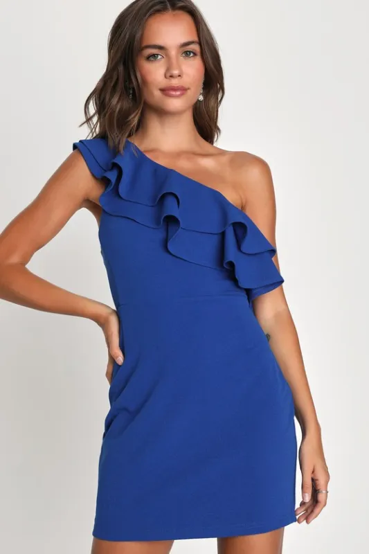 Enticing Behavior Cobalt Blue Ruffled One-Shoulder Mini Dress sold by Lulus