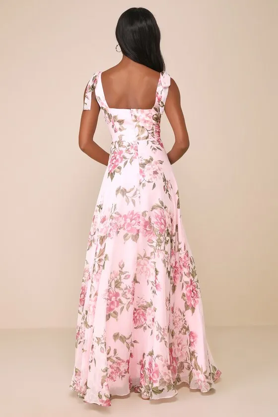 Love Me Forever Pink Floral Tie-Strap Square Neck Maxi Dress sold by Lulus product image thumbnail 2