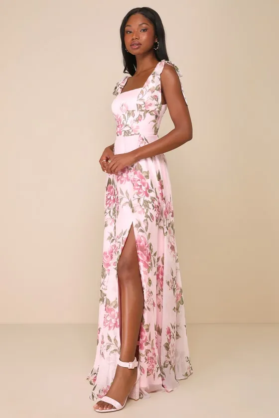 Love Me Forever Pink Floral Tie-Strap Square Neck Maxi Dress sold by Lulus product image thumbnail 3