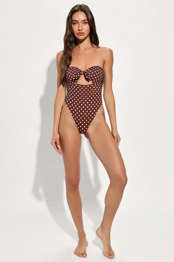 Devon Brown Polka Dot Strapless Knotted One-Piece Swimsuit sold by Lulus product image thumbnail 2