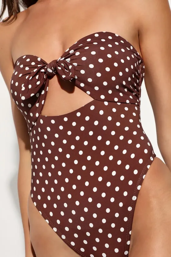 Devon Brown Polka Dot Strapless Knotted One-Piece Swimsuit sold by Lulus product image thumbnail 4